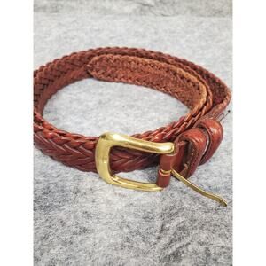 Men's Brown Leather Braided Belt Size 42 Solid Brass Buckle